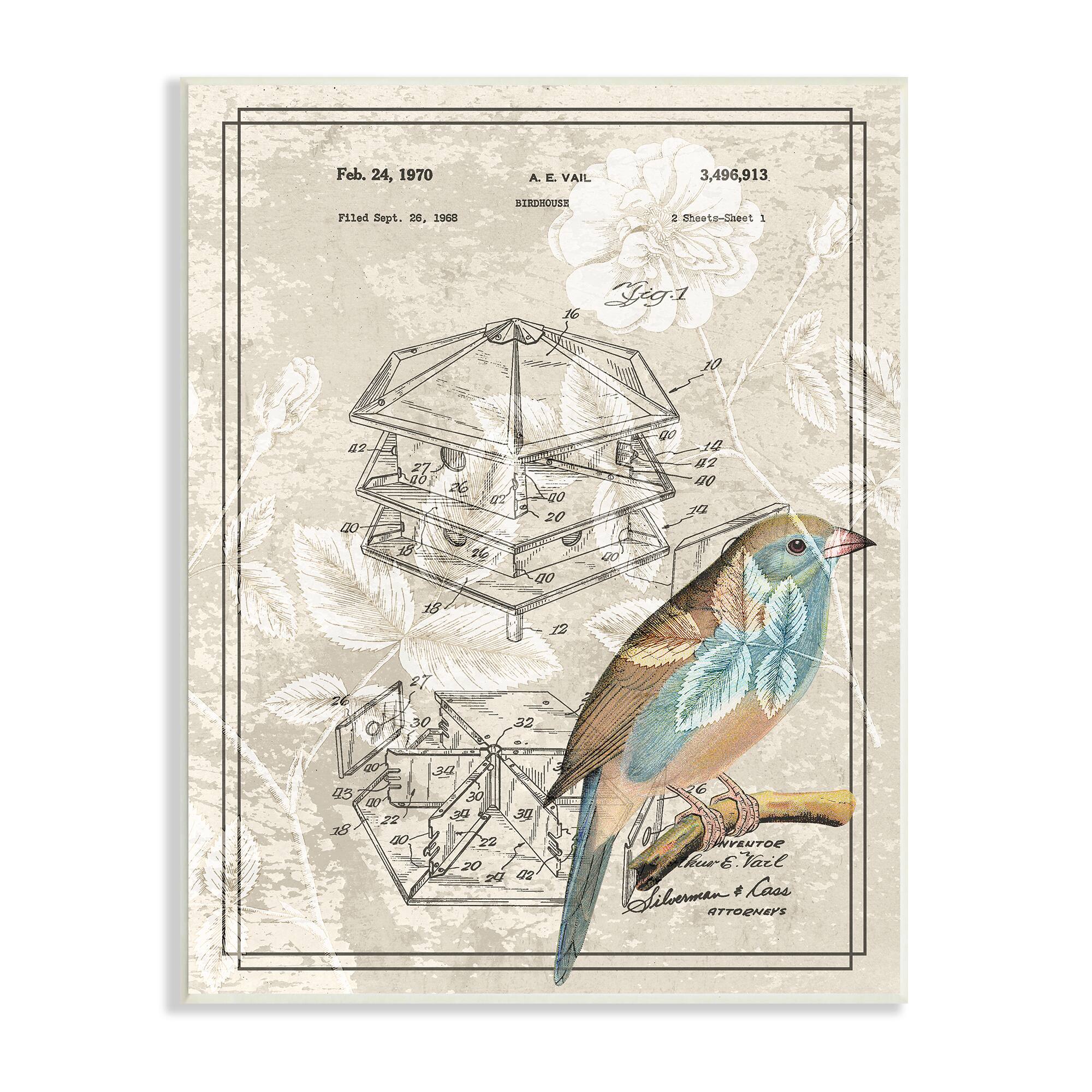 Stupell Industries Vintage Bird House Patent Design Figure Eastern Bluebird Wall Plaque
